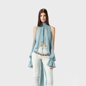 French Elegant Chiffon Blouse Top Pleated Halter Neck Tie Back Flowy Flare Sleeve Women Summer Vintage Solid Color