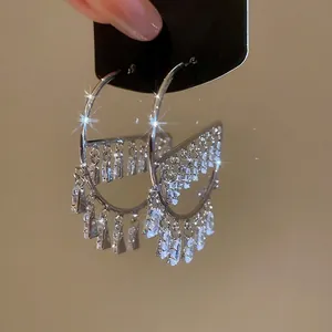 Silver needle hoop earrings with pavé cubic zirconia trapezoid drop pendants