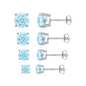 S925 sterling silver stud earrings with light blue round diamonds in four varying sizes