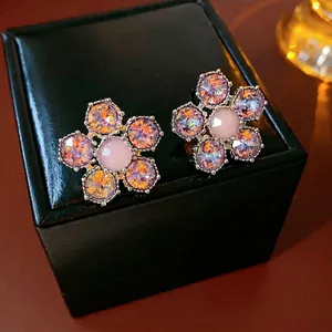 Boucles D'oreilles Puces Fleur Vintage Alliage Strass Violet Avec Tige En Argent Sterling 925 Pour Femmes Bijoux Élégants