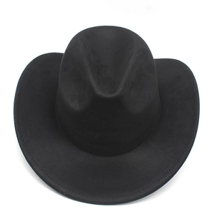Macro view of black felt cowboy hat with wide brim and detailed stitching texture
