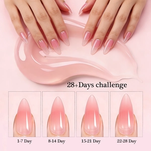 Long-lasting nude pink nail extension gel showing high gloss finish and 28+ days durability