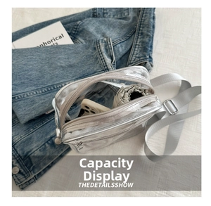 Capacity detail of transparent PVC crossbody bag showing phone and folding umbrella