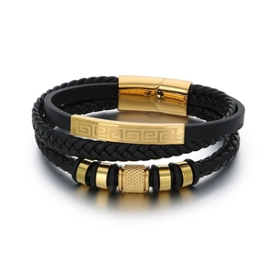 Men's multilayer black leather bracelet with gold stainless steel Greek key pattern