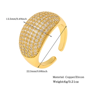 Detail view of gold geometric wide ring with micro-pave zircons and size specifications