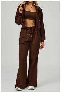 Detailed texture of dark brown zip-up hoodie and high-waist wide-leg sweatpants set