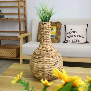 Vase En Paille De Jacinthe D'eau Tissé À La Main Style Nordique Panier À Fleurs Décoratif Jardinière En Bois Murale Ornement Rustique