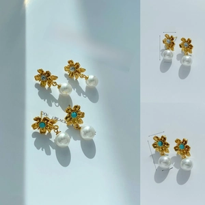 Boucles D'Oreilles Pendantes Fleur Künstliche Perle Acier Inoxydable Avec Pierre Naturelle Incrustée Doré Vintage Français Bijoux