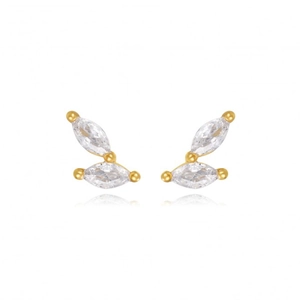 Close-up of S925 silver marquise-cut CZ leaf earrings with gold finish on white back