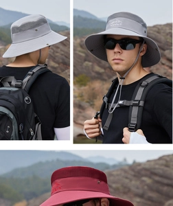 Detail of mesh breathable crown and adjustable windproof drawstring on outdoor sun hat