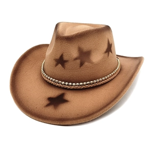Western Cowboy Hat Wide Brim Cotton Polyester Felt Star Pattern Gold Bead Braided Band Retro Outdoor For Men Women