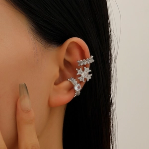 Three-piece silver zircon ear cuffs with snowflake and leaf designs for women
