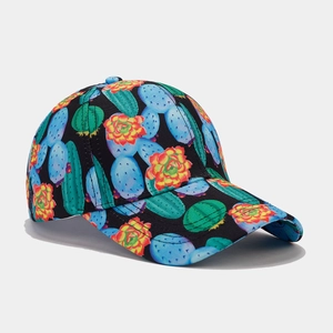 Detailed stitching on tropical cactus print cotton baseball cap with curved brim