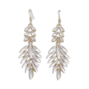 Elegant gold leaf drop earrings with sparkling rhinestones on a clean white background