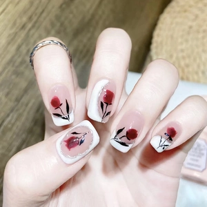 Press On Nails French Style Red Rose Pattern Milky White Pink Gradient Elegant Retro Square Fake Nails For Women