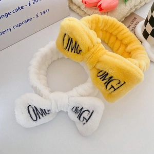 Plush coral fleece OMG headband with bow embroidery in yellow and cream white