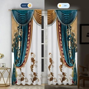 Day and night comparison of luxury blue and gold curtains with blackout effect