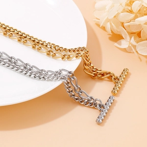 Double-layer chunky stainless steel chain bracelet with spiral pattern and OT toggle clasp