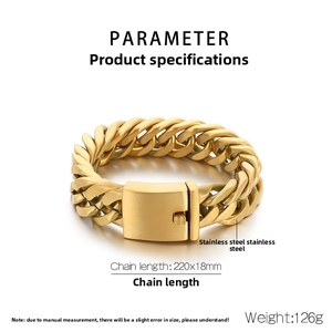 Detail of 18mm wide gold Cuban link bracelet with stainless steel technical specs