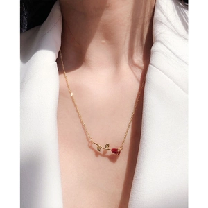 Elegant 18K gold plated brass necklace with a vintage 3D red enamel rose flower pendant