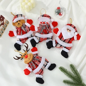 Set of 4 festive Christmas plush ornaments featuring plaid bear snowman santa and reindeer