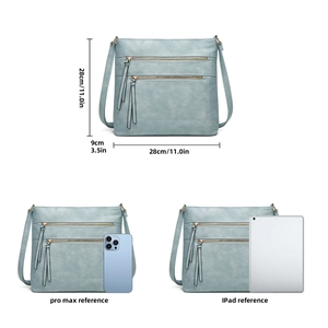 Detailed size specifications of light blue tote bag with iPhone and iPad capacity reference