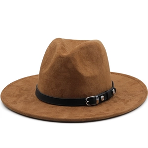 Unisex Wide Brim Fedora Hat Faux Suede Western Cowboy Hat With Belt Buckle Vintage British Style Sun Hat