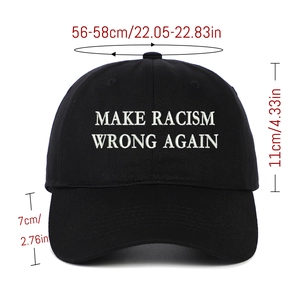 Detailed size specifications for the Make Racism Wrong Again embroidered black baseball cap