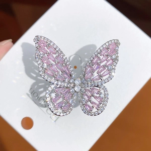 Adjustable copper ring with colorful cubic zirconia butterfly and sparkling pink stones