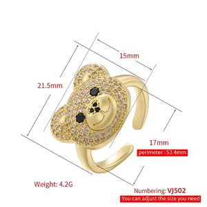 18K gold plated teddy bear ring with white pavé crystals and adjustable open band