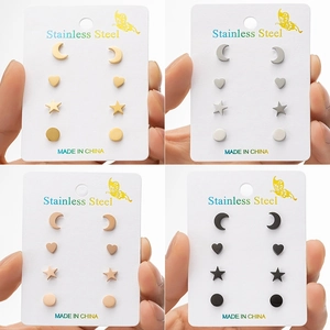 4 Pairs Stainless Steel Stud Earrings Set For Women Minimalist Geometric Moon Star Heart Round Small Jewelry Gift
