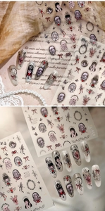 Macro detail of TL-419 Gothic Lolita nail stickers with rabbit and bow motifs