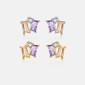 Geometric 925 Sterling Silver Rhinestone Stud Earrings For Women Elegant Champagne Purple Gemstone Ear Jewelry