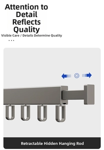 Close-up of matte grey retractable hidden rod with four sliding U-shaped hooks