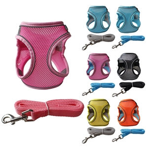 Detail view of breathable mesh pet harness and leash set with reflective safety strips