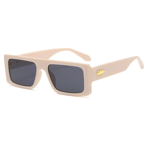 Fashionable oversized rectangle sunglasses in cream beige with golden bee detail