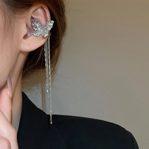Silver butterfly ear cuff with long tassel chains and zircons for non-pierced ears
