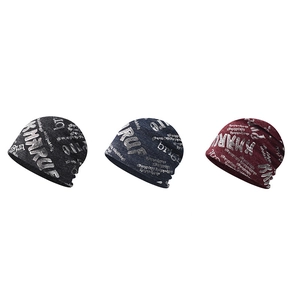 Three-pack knit beanies in black, navy, and burgundy with KMARU letter print design