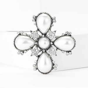 Vintage silver cross brooch with baroque pearls and sparkling rhinestones for women
