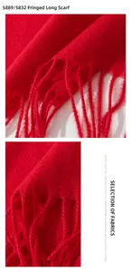 Detail shot of the long fringe edge and soft cashmere-like texture on the red winter scarf