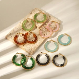 Fashionable thick resin hoop earrings with marble texture and gold trim in five colors