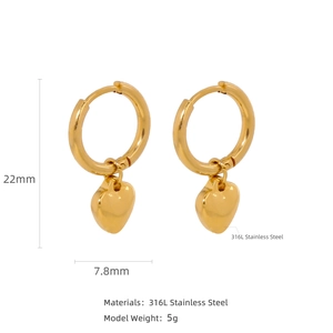Gold stainless steel heart hoop earrings for women, 22mm minimalist love heart design