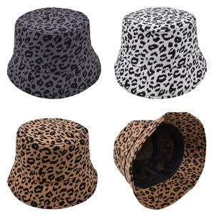 Classic leopard print bucket hats shown in grey, white, and brown with a flat top design