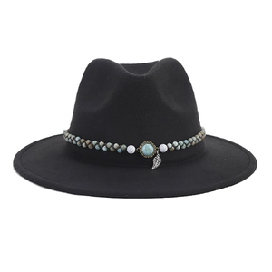 Classic black wool felt fedora with turquoise beaded band and silver leaf pendant detail