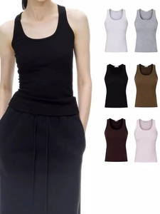Women Tank Top Ribbed Cotton Spandex Racerback Built-In Bra Pads Slim Fit Elastic Sporty Fitness Casual Sleeveless