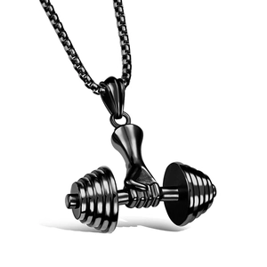 Black dumbbell pendant necklace with hand grip charm on stainless steel box chain