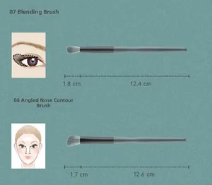Vue détaillée des pinceaux maquillage pour yeux et nez avec dimensions précises