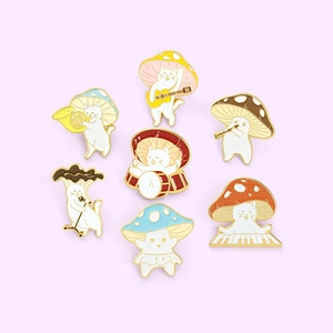 Cartoon cat musician and mushroom enamel brooch pins with gold trim for clothing decoration