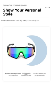Detail of outdoor cycling sunglasses featuring large shield lens and hollowed-out frames
