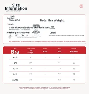 Detailed size chart for brushed yoga set showing measurements for sport bra and materials